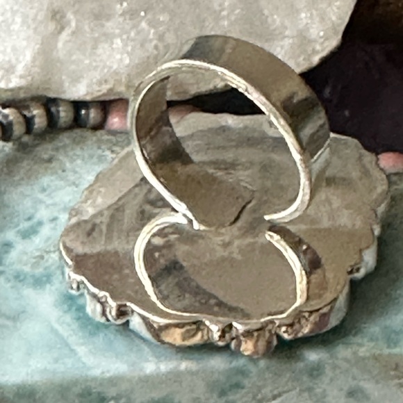 Turquoise spiny mosaic statement sterling silver adjustable ring - Picture 4 of 8